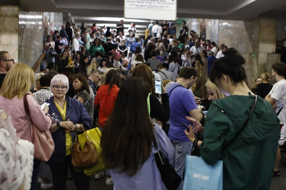 People take shelter in a Kyiv metro station during a missile attack on May 29. (Photo by Yan Dobronosov/Global Images Ukraine via Getty Images)