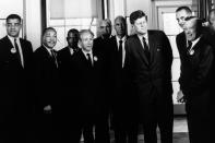 <p>President John F. Kennedy and Vice President Lyndon Baines Johnson meet with leaders of the March on Washington, including the Rev. Martin Luther King Jr., at the Oval Office in the White House in Washington, Aug. 28, 1963. (Photo: Abbie Rowe/National Park Service/John Fitzgerald Kennedy Library and Museum) </p>