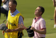 Justin Thomas reacts after his final round of the PGA Championship golf tournament at Southern Hills Country Club, Sunday, May 22, 2022, in Tulsa, Okla. (AP Photo/Matt York)