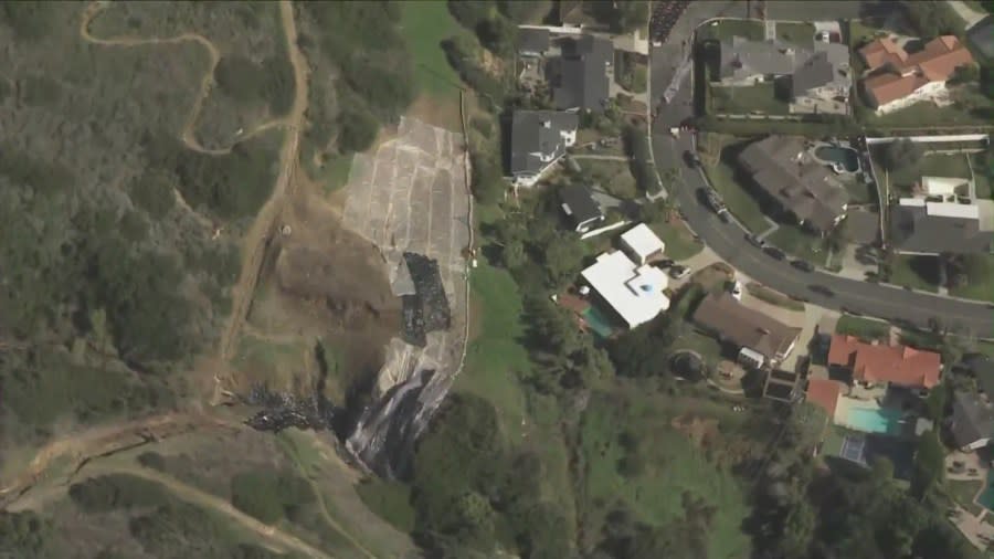 Following a destructive rainstorm that hit Southern California, a massive landslide threatens a neighborhood in Rancho Palos Verdes on February 8, 2024. (KTLA)