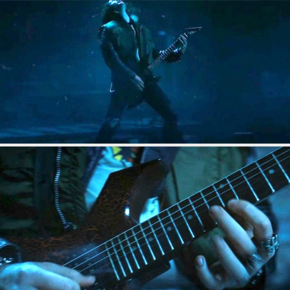 Above, Eddie playing the guitar and below, a closeup of Aiden Fisher's hands playing