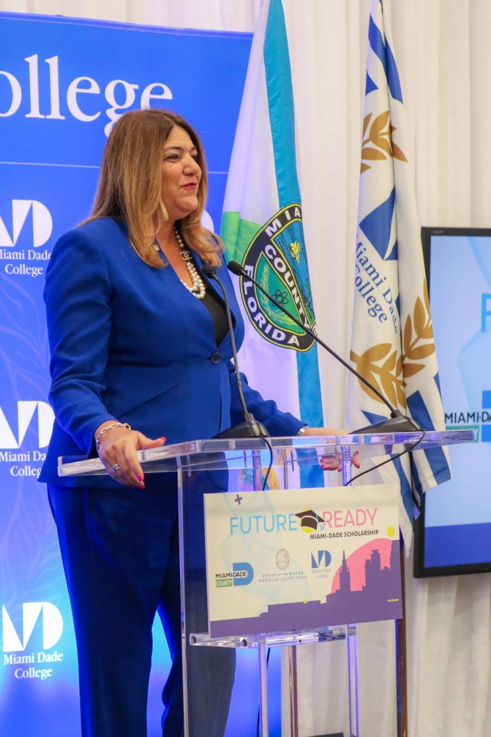 Miami Dade College President Madeline Pumariega speaks about student scholarships during a press conference at the college’s Wolfson Campus in Downtown Miami on October 30, 2023.