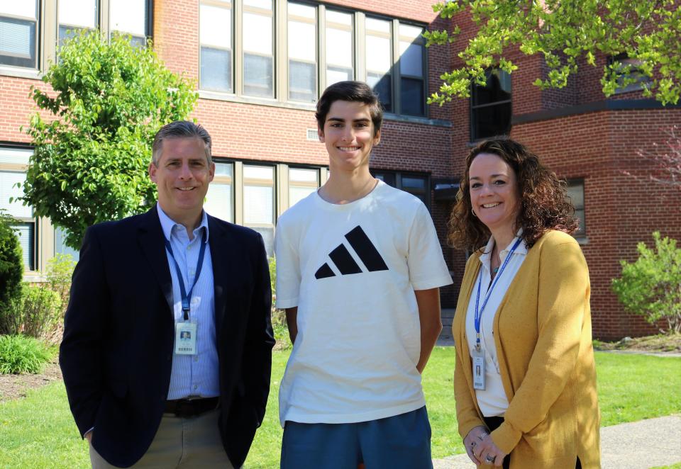 Westfield High School 11th grader Mattia Butera will attend the Governor's School of Engineering and Technology this summer at Rutgers University. Butera is pictured here with K-12 Science Supervisor Thomas Paterson and WHS Principal Mary Asfendis.