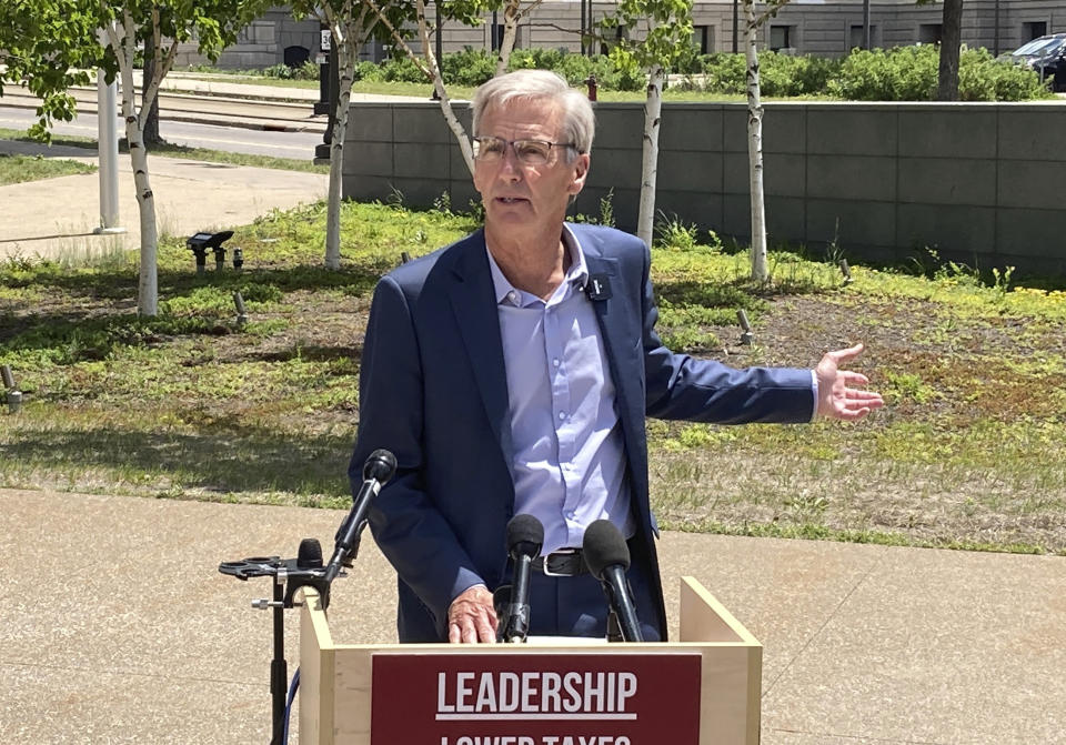 Republican gubernatorial candidate Scott Jensen announces a crime-fighting plan on Thursday, June 9, 2022, that would stiffen penalties for violent crime while boosting the role of the State Patrol and Minnesota National Guard. Jensen spoke at a news conference outside the State Capitol in St. Paul. (AP Photo/Steve Karnowski)