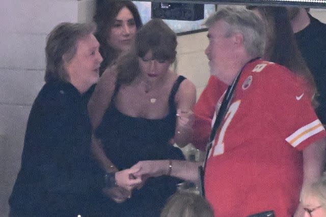 <p>PATRICK T. FALLON/AFP via Getty</p> Paul McCartney, Taylor Swift and Ed Kelce