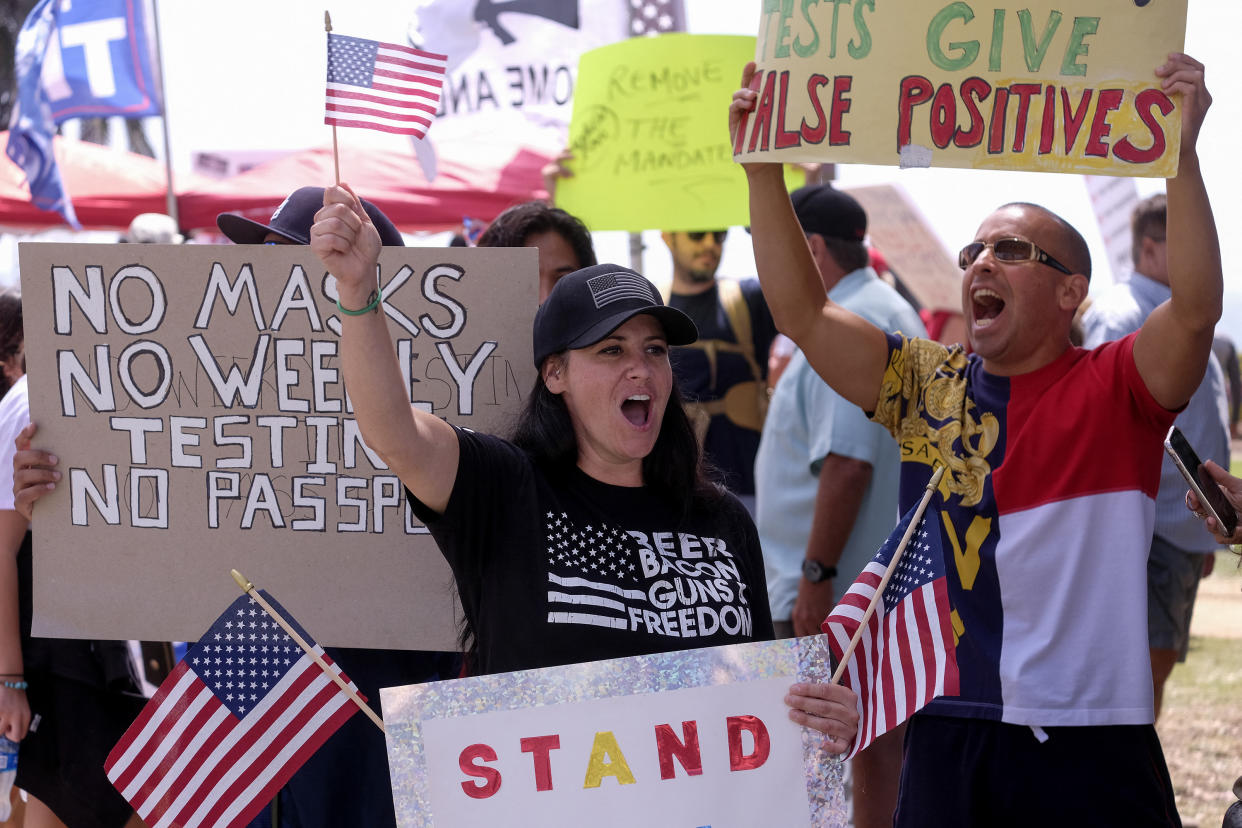 Anti-vaccination protesters take part in a rally against Covid-19 vaccine mandates, in Santa Monica, California, on August 29, 2021. (Ringo Chiu/AFP via Getty Images)