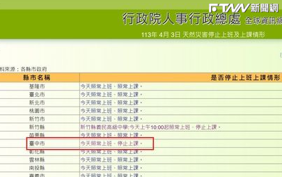 台中市停課為錯誤訊息。（圖／翻攝行政院人事行政總處 全球資訊網）