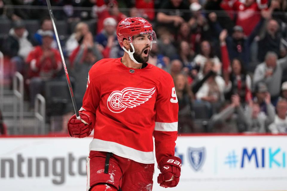 Detroit Red Wings center Joe Veleno (90) celebrates his goal against the Toronto Maple Leafs in the second period at Little Caesars Arena in Detroit on Saturday, Oct. 7, 2023.