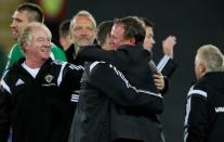 Football - Northern Ireland v Greece - UEFA Euro 2016 Qualifying Group F - Windsor Park, Belfast, Northern Ireland - 8/10/15 Northern Ireland manager Michael O'Neill celebrates at the end of the match Action Images via Reuters / Jason Cairnduff