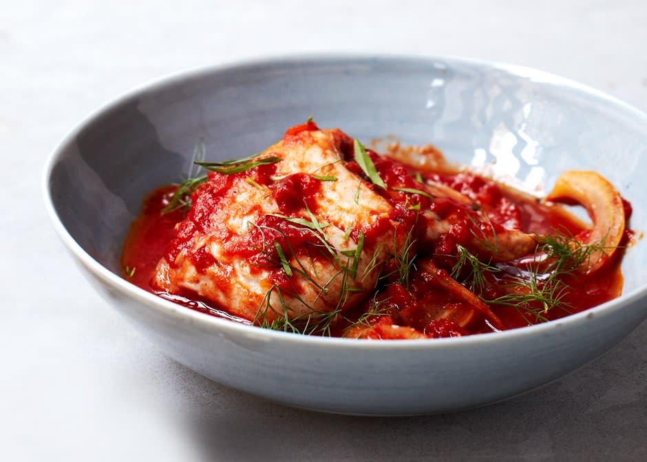 Flounder Poached in Fennel-Tomato Sauce