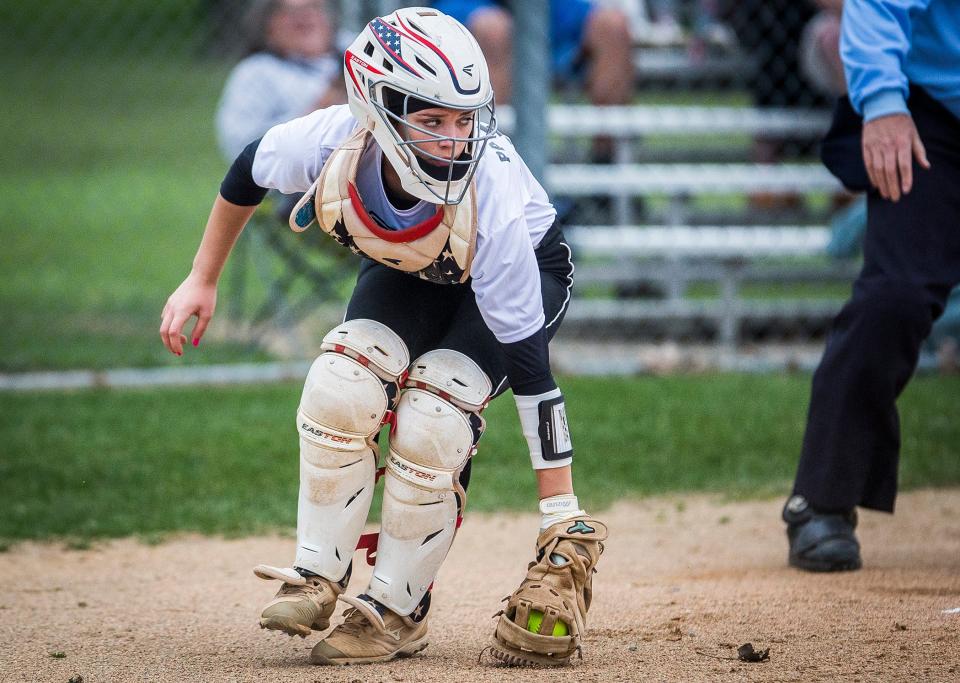 Daleville's Valyn Pattengale catches during their game against Centerville Wednesday, April 20, 2022. 