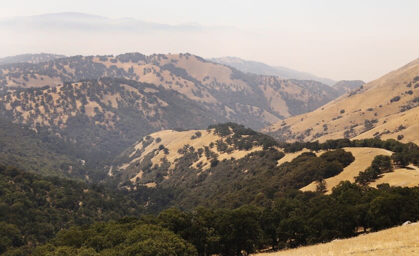 TEJON RANCH, CA AUGUST 06, 2018: The oak studded mountain tops of the Blue Ridge Range of Tejon Ranch; a small portion of the 90% of protected area of Tejon Ranch set aside for permanent preservation in exchange for environmental groupsâ€™ promise not to oppose development. At stake is the 12,000 acre proposed master planned community named Centennial on the flat grassland of the ranch off Highway 138, if approved, would bring in up to 19,333 residences, a mix of single-family, multi-family and apartment units, with a business park and open space around their periphery. (Al Seib / Los Angeles Times)