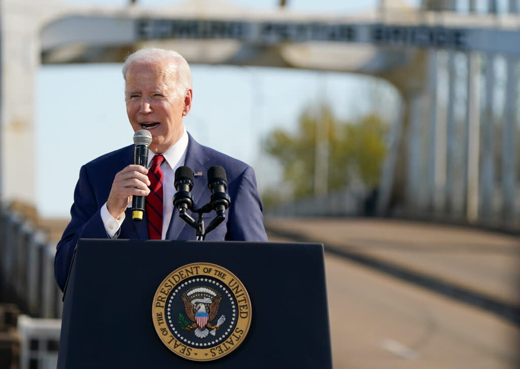 President Joe Biden speaks to marchers at the 58th Selma Jubilee Bridge crossing in Selma, Alabama on Sunday, March 5, 2023. His administration. (Marvin Gentry/Alabama Reflector)