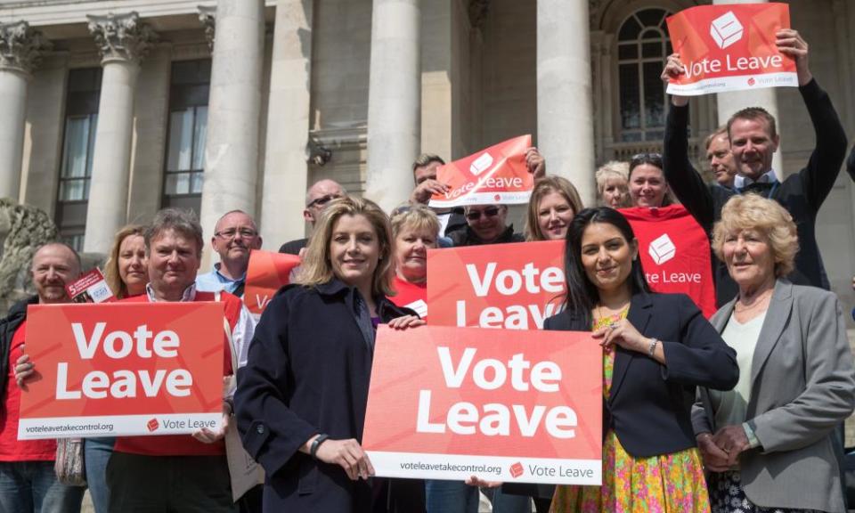 Priti Patel, then employment minister, with Penny Mordaunt and Conservative party members with the Vote Leave battlebus in Portsmouth, 2016.