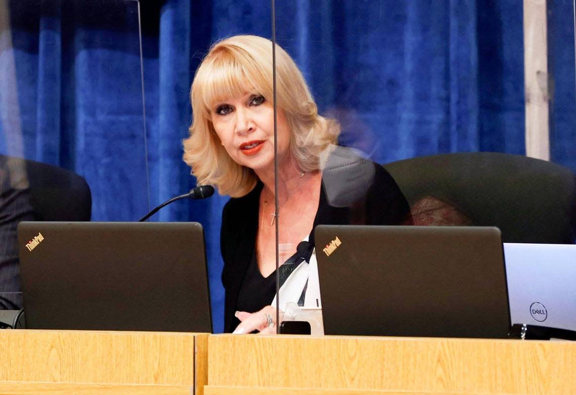 Miami-Dade School Board District 6 Board Member Ms. Mari Tere Rojas reacts during a special meeting where the board reconsidered and reversed its decision on whether to adopt the recommended health and sex-education textbook at Miami-Dade County School Board Administration Building in Miami, Florida, on Thursday, July 28, 2022.