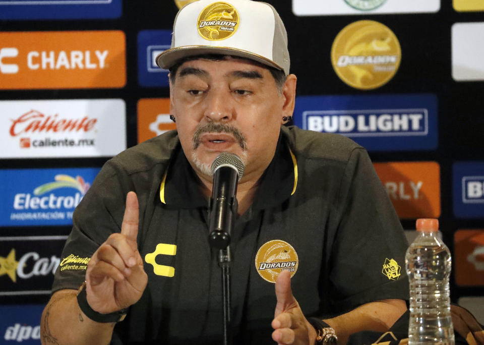 Former soccer great Diego Maradona speaks at a press conference where he was presented as the new manager of the Dorados of Sinaloa, in Culiacan, Mexico, Monday, Sept. 10, 2018. Maradona, whose public battles with cocaine made him soccer's poster child for the perils of substance abuse, is setting up camp in Mexico's drug cartel heartland as the new coach of a second-tier team. (AP Photo/Marco Ugarte)