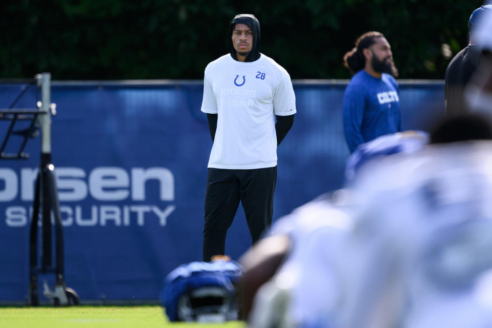 Indianapolis Colts running back Jonathan Taylor (28) watches a drill from the sidelines during training camp last week. (Photo by Zach Bolinger/Icon Sportswire via Getty Images)