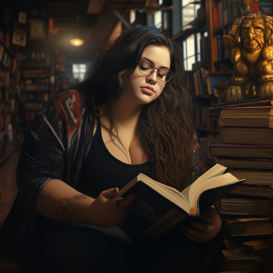 A woman reading a book at the library