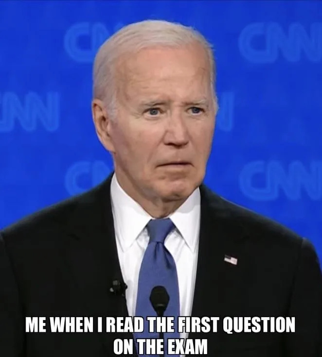 Joe Biden looking confused with text below reading: "Me when I read the first question on the exam." Background shows CNN logos