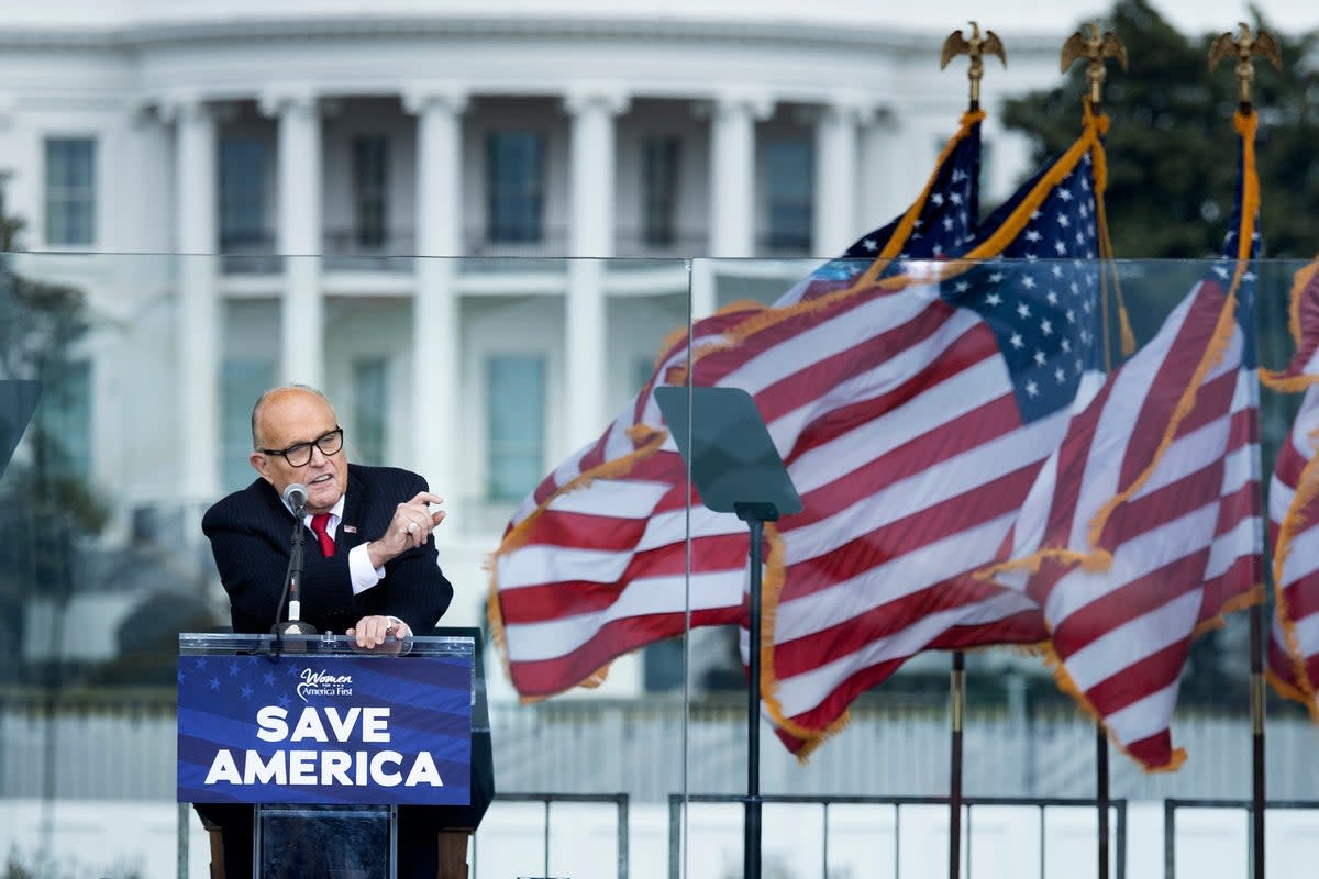 Rudy Giuliani speaks to Donald Trump supporters from The Ellipse near the White House on 6 January 2021, in Washington, DC, just prior to the storming of the US Capitol (AFP/Getty)