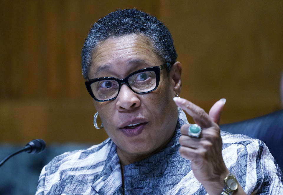 FILE - Housing and Urban Development Secretary Marcia Fudge testifies before the Senate Appropriations Committee at the Capitol in Washington, June 10, 2021. Six Black members of President Joe Biden's Cabinet will be meeting for a Black History Month event Thursday highlighting their roles in the administration, some of which are historic firsts. (AP Photo/J. Scott Applewhite, File)