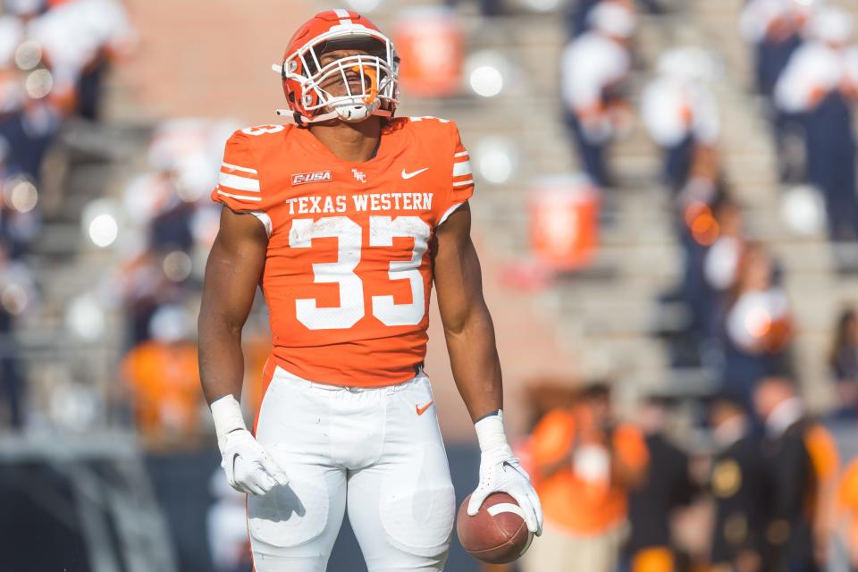 UTEP's Deion Hankins (33) celebrates at a football game against Florida Atlantic  at the Sun Bowl in El Paso, Texas, on Saturday, Oct. 22, 2022.