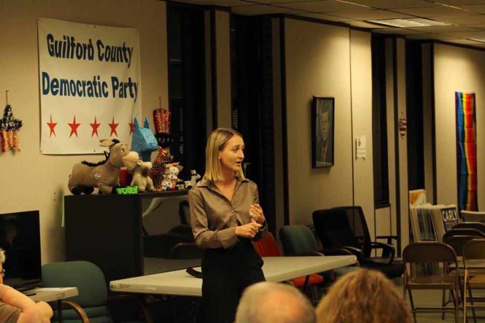 Anderson Clayton speaks to Democrats in Guilford County. Clayton is hoping to become the next chair of the North Carolina Democratic Party.