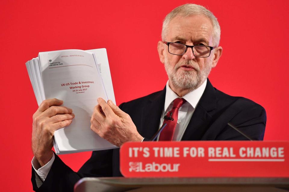 Corbyn holding documents allegedly leaked by Russia (Getty Images)