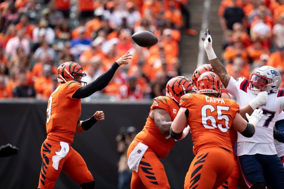 Quarterback Joe Burrow and the Bengals' offense will have to improve greatly from the opening loss to New England. Burrow will have his favorite wide receiver Ja'Marr Chase at full-go but it appears unlikely Tee Higgins will return.