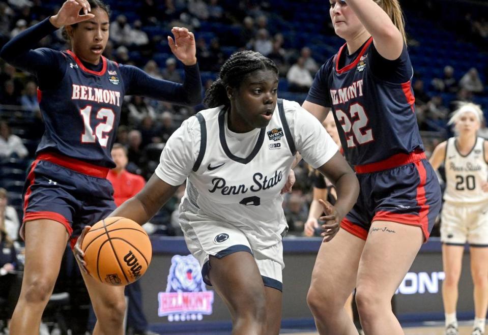 Penn State’s Ashley Owusu dribbles between Belmont defenders during the game on Monday, March 25, 2024 at the Bryce Jordan Center. Penn State won, 74-66, to move on in the WBIT.