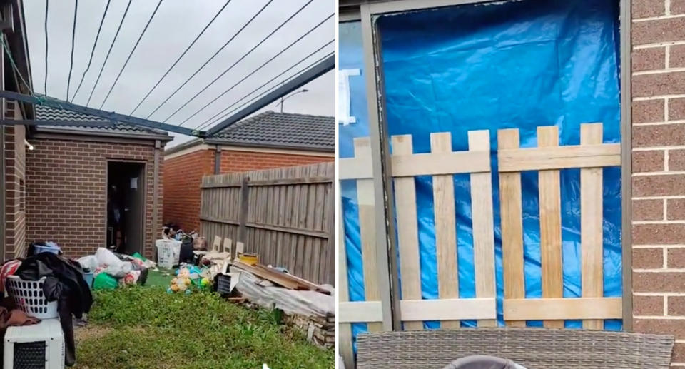 Left, the backyard is full of rubbish and discarded items. Right, the sliding door can be seen patched up with a wooden palette and cover. 