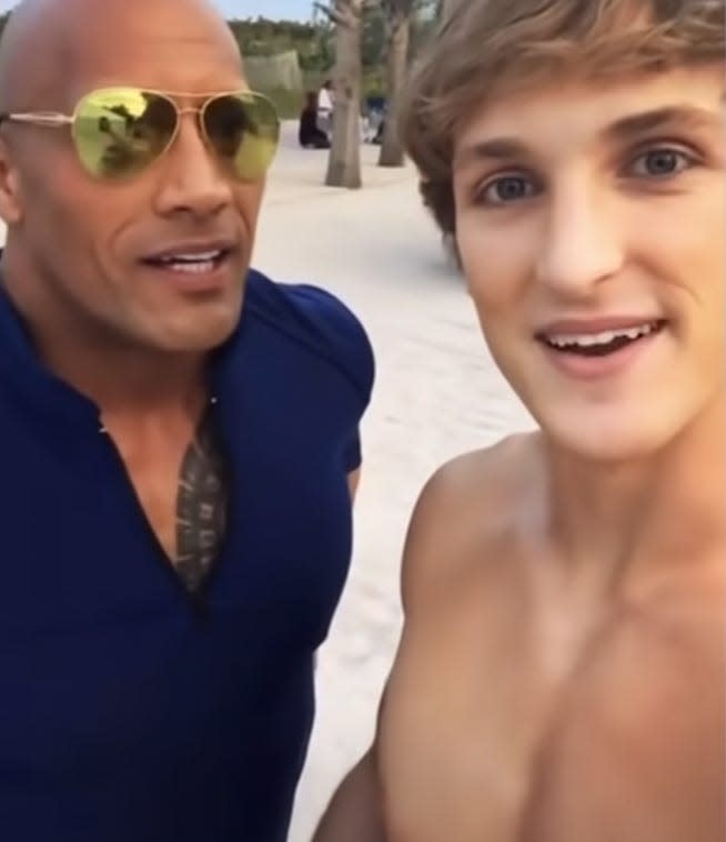 A picture of Paul and The Rock on the set of baywatch.