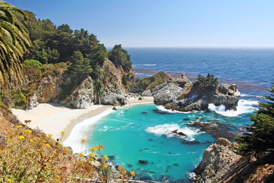 "This Big Sur waterfall drops 80 feet directly into the Pacific Ocean, and inspired the hillside house up top."