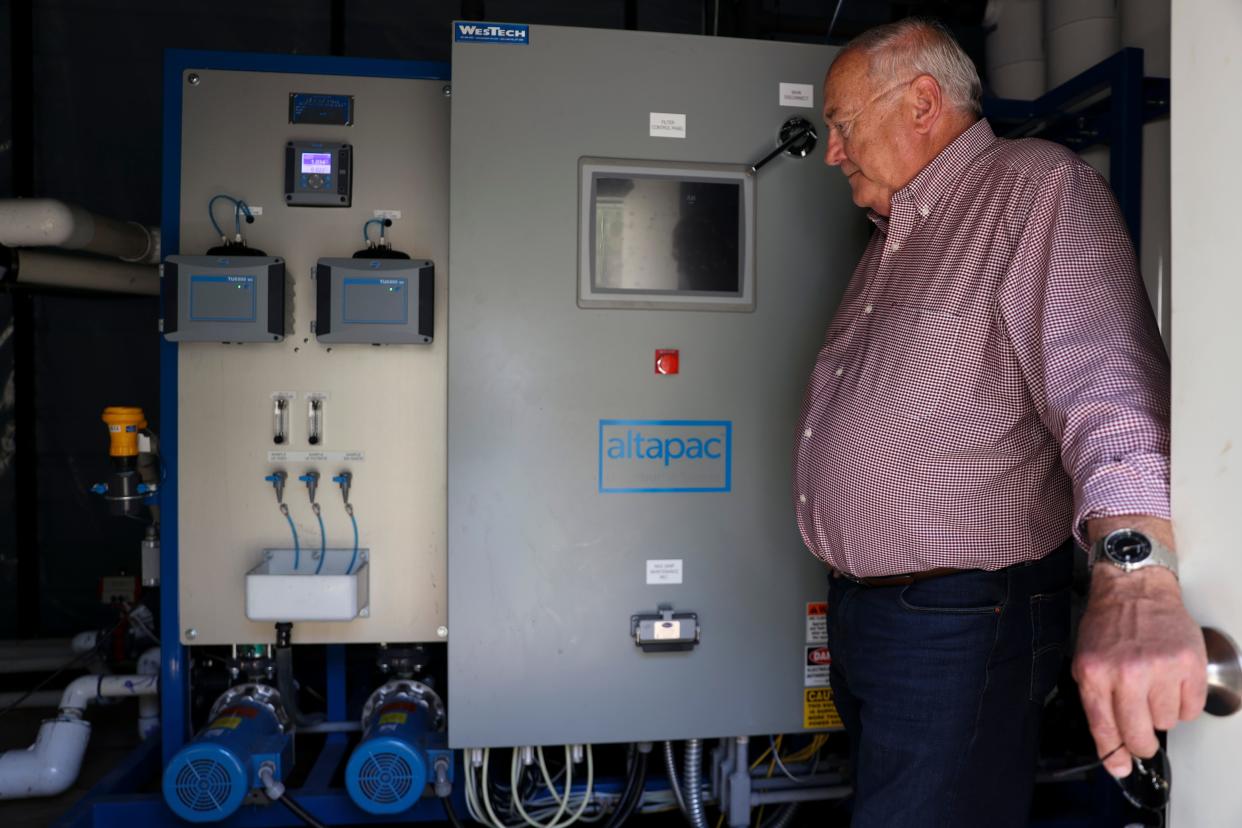 Detroit Mayor Jim Trett shows a temporary membrane water filtration system that was installed after the 2020 Santiam Canyon wildfires.