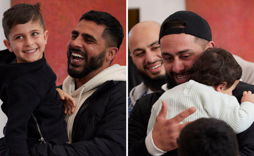 Two photos of Omar and Oz hugging their children