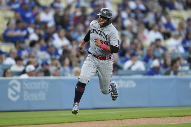 Minnesota Twins' Donovan Solano (39) celebrates after hitting a double  during the first inning a baseball game against the Los Angeles Dodgers in  Los Angeles, Tuesday, May 16, 2023. (AP Photo/Ashley Landis