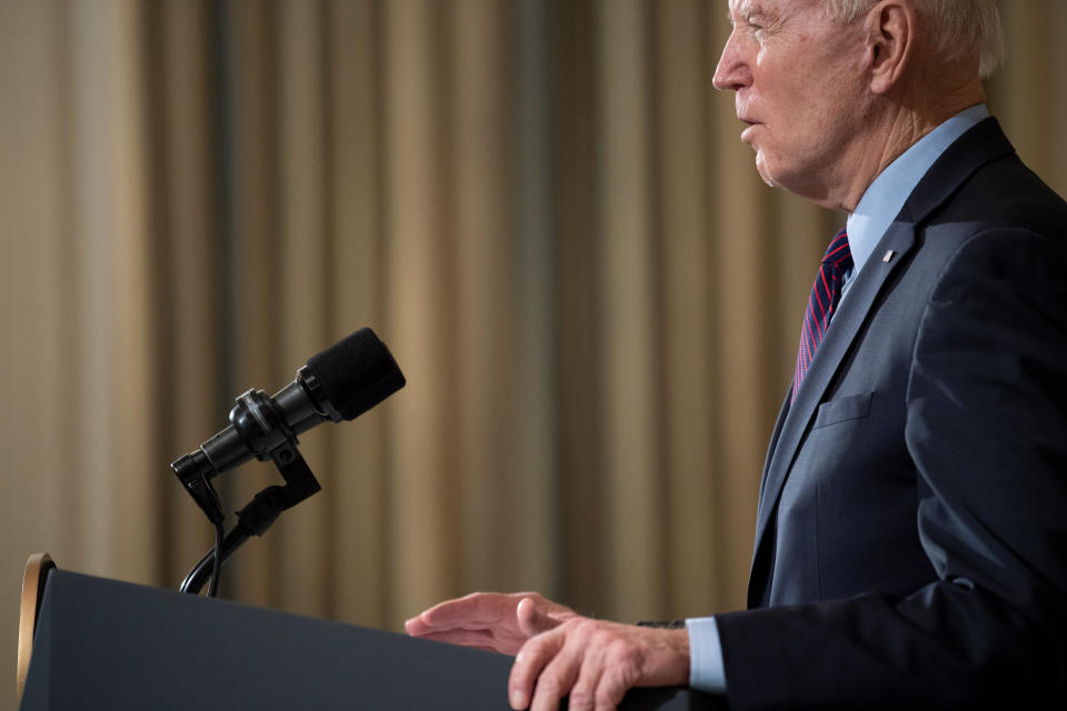 US President Joe Biden speaks about Covid-19 relief from the State Dining Room of the White House February 5, 2021, in Washington, DC. (Photo by Brendan Smialowski / AFP) (Photo by BRENDAN SMIALOWSKI/AFP via Getty Images)