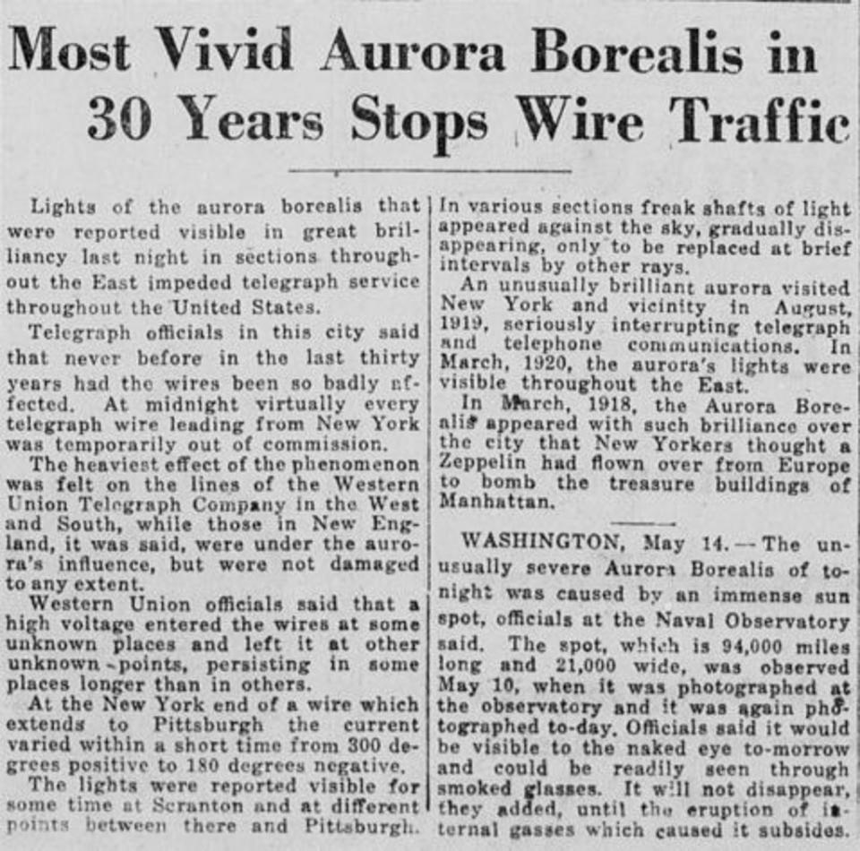 May 15 1921 report of solar storm disrupting telegraph wires in New York (Image Provided by Library of Congress, Washington, DC/New-York tribune)