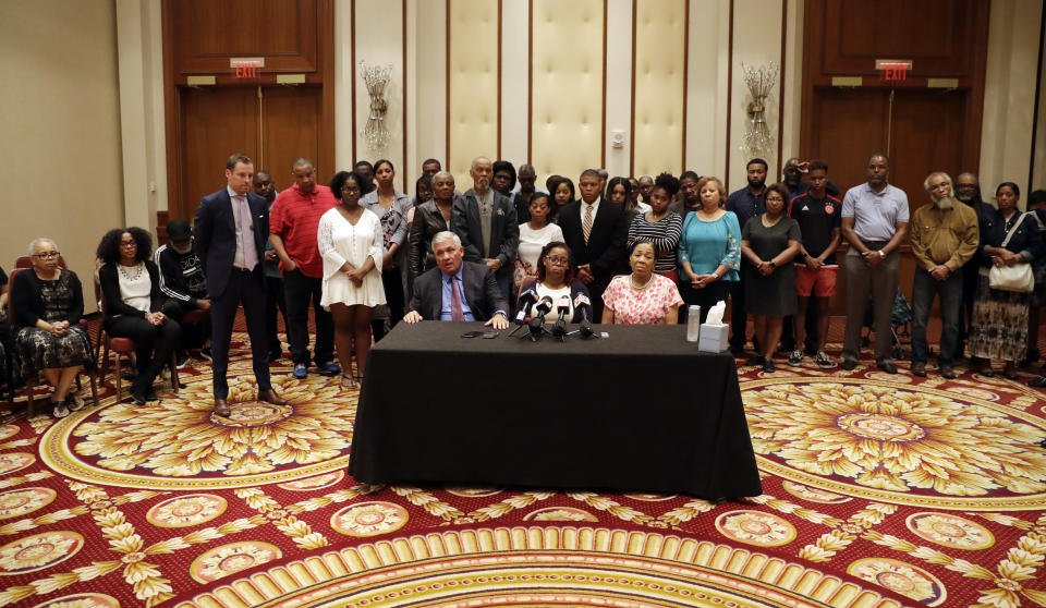 Robert Mongeluzzi, left, speaks as Kyrie Rose, middle, and Lisa Berry listen during a news conference regarding the July 19 duck boat accident, Tuesday, July 31, 2018, in Indianapolis. A second lawsuit has been filed by members of an Indiana family who lost nine relatives when a tourist boat sank this month in Missouri. The federal lawsuit was filed Tuesday in Missouri on behalf of the estates of two members of the Coleman family. They were among 17 people killed in the July 19 sinking near Branson. (AP Photo/Darron Cummings)