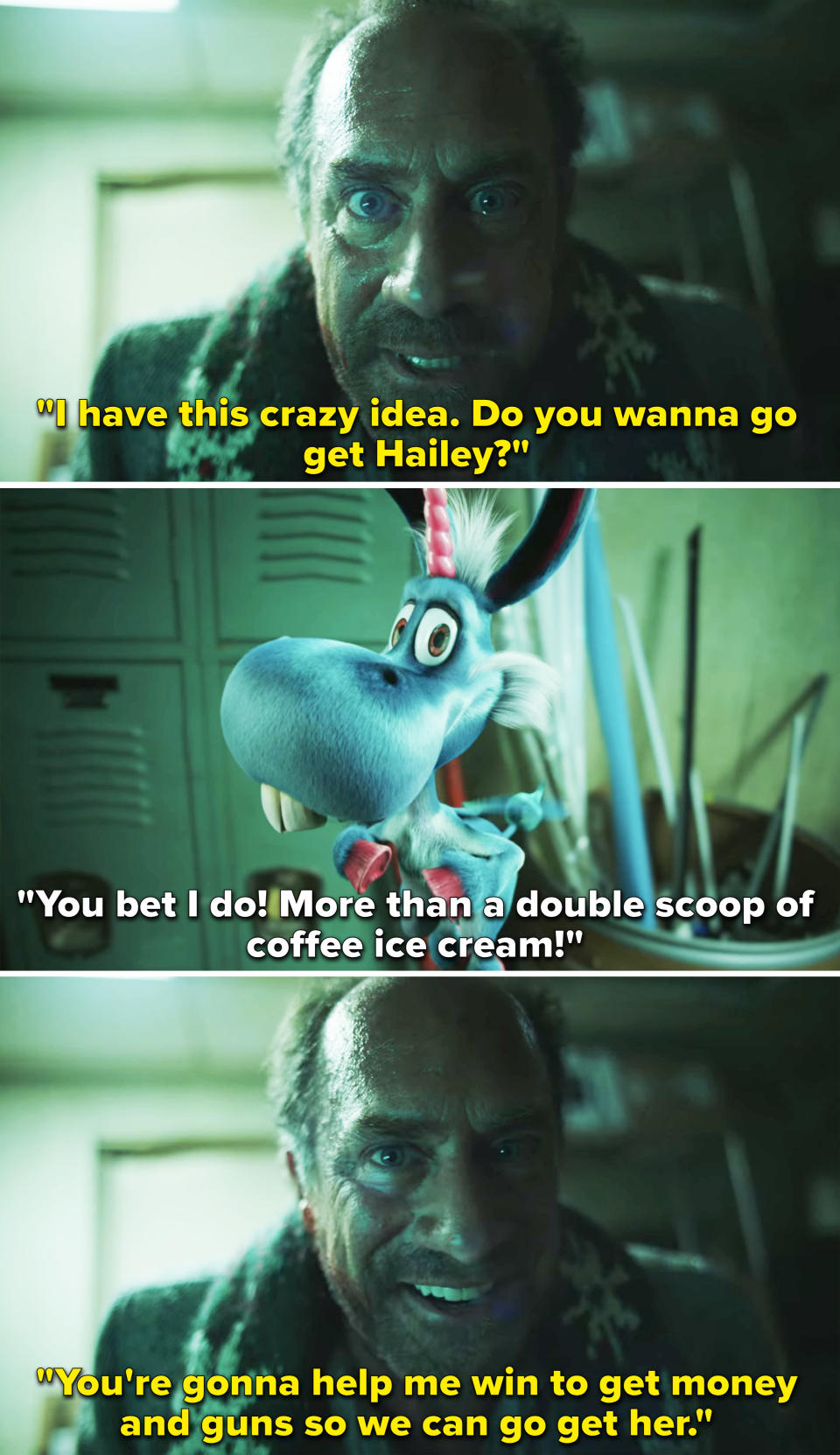 christopher's character saying, i have this crazy idea, do you wanna go get hailey