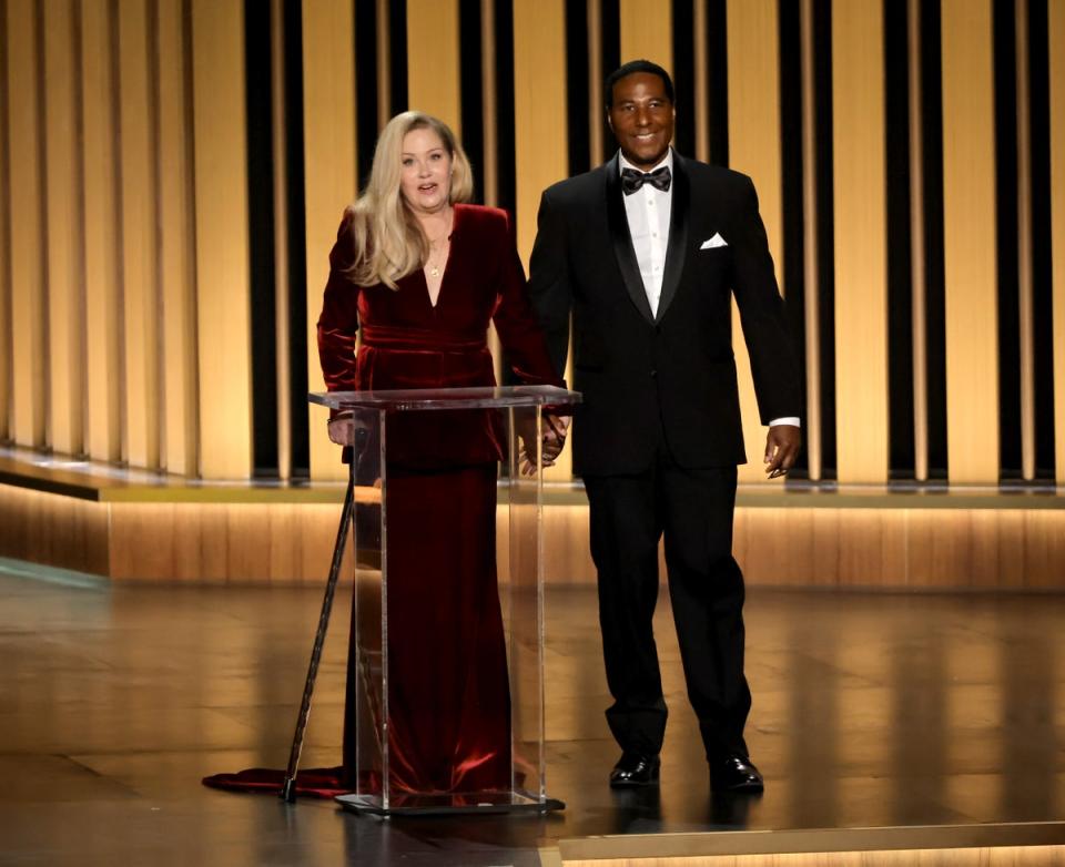 Christina Applegate (L) speaks speaks onstage during the 75th Primetime Emmy Awards (Getty Images)