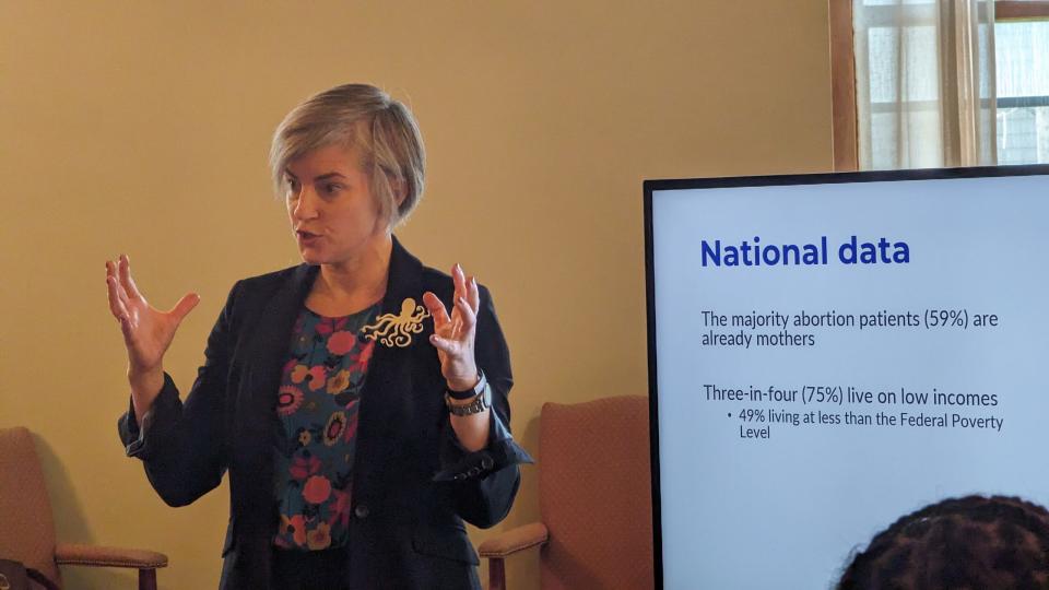 University of Wisconsin-Madison obstetrics and gynecology professor Jenny Higgins presents U.S. reproductive health data to the Wisconsin 14 on day one of the Wisconsin Citizen Solutions on Abortion & Family Well-Being