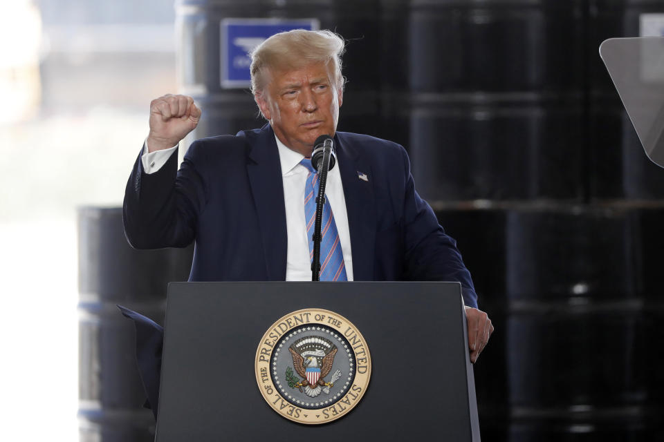 President Donald Trump delivers remarks about American energy production during a visit to the Double Eagle Energy Oil Rig, Wednesday, July 29, 2020, in Midland, Texas. (AP Photo/Tony Gutierrez)