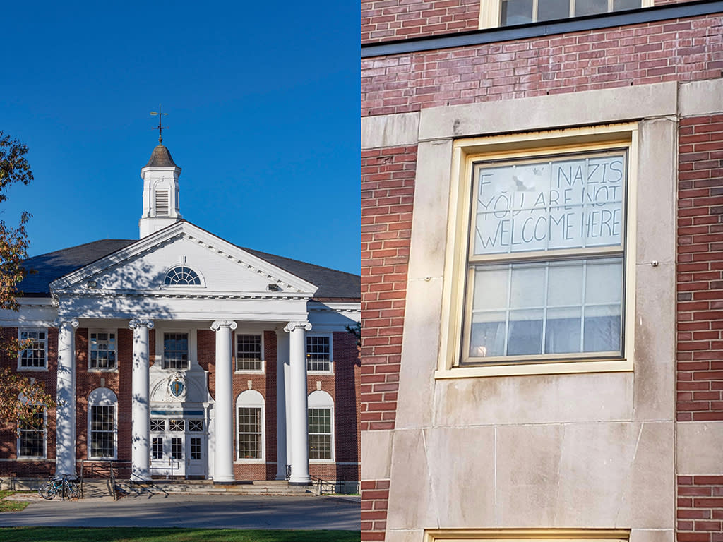 An anti-Nazi sign (seen here censored) sparked on-campus controversy at UMass Amherst. (Photo: Getty Images/The Independent)