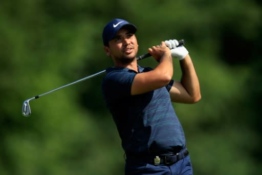 Jason Day of Australia plays his shot from the 13th tee during the third round of the 2018 PGA Championship in St Louis, Missouri