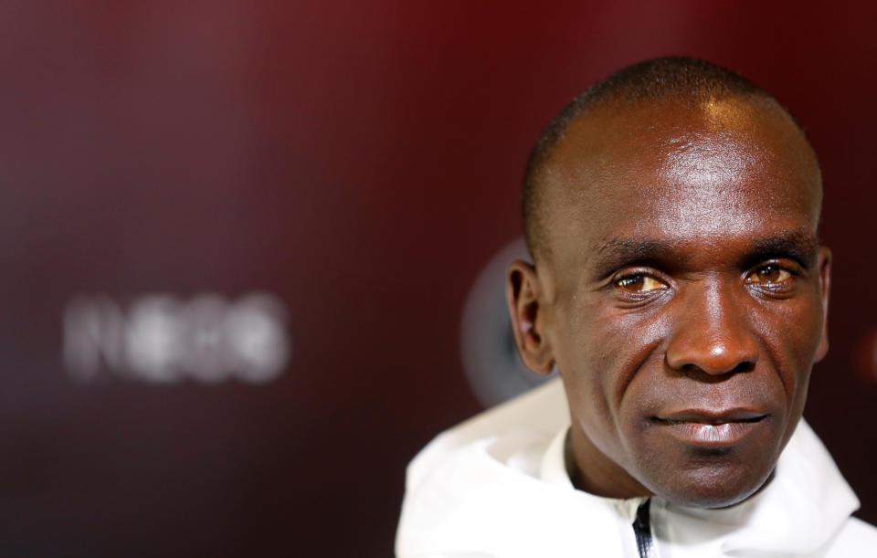 Eliud Kipchoge, the marathon world record holder from Kenya, poses ahead of a news conference in Vienna, Austria October 10, 2019. REUTERS/Leonhard Foeger