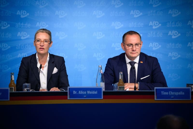 Alice Weidel (l) and Tino Chrupalla, the federal chairmen of the AfD, comment on the results of the state elections in Saxony and Thuringia during a press conference at the AfD federal office. Bernd von Jutrczenka/dpa