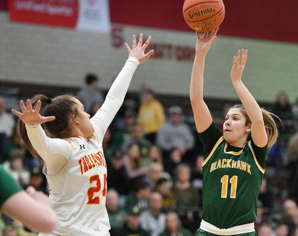 Blackhawk's Alena Fusetti shoots over North Catholic's Ava Walker during Tuesday's PIAA Class 4A semifinal game at New Castle High School.