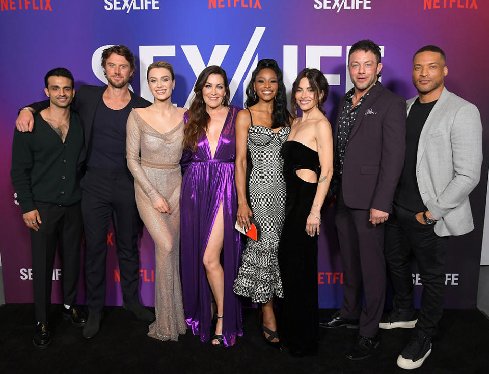 (L-R) Karn Kalra, Adam Demos, Wallis Day, Stacy Rukeyser, Margaret Odette, Sarah Shahi, Jonathan Sadowski, and Cleo Anthony attend Netflix's "Sex/Life" Season 2 Special Screening at the Roma Theatre at Netflix - EPIC on February 23, 2023 in Los Angeles, California.