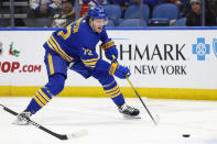 Buffalo Sabres right wing Tage Thompson (72) passes the puck during the first period of an NHL hockey game against the Colorado Avalanche, Thursday, Dec. 1, 2022, in Buffalo, N.Y. (AP Photo/Jeffrey T. Barnes)